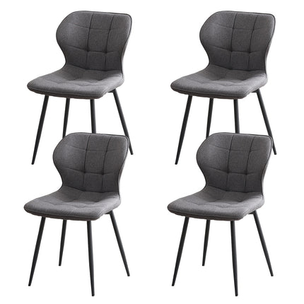 Donkergrijze gestoffeerde eetkamerstoel met linnen bekleding, ergonomische rugleuning, decoratieve stiknaden en zwarte metalen poten, set van 4.