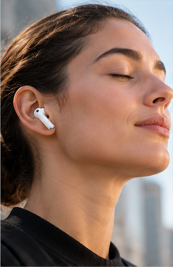 AirPods 5 draadloze Bluetooth oordopjes – productfoto van compacte oordopjes voor muziek en bellen