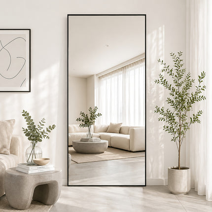 Grote zwarte staande passpiegel 172 x 78 cm met rechthoekig aluminium frame en gehard glas, vloerspiegel voor slaapkamer of woonkamer