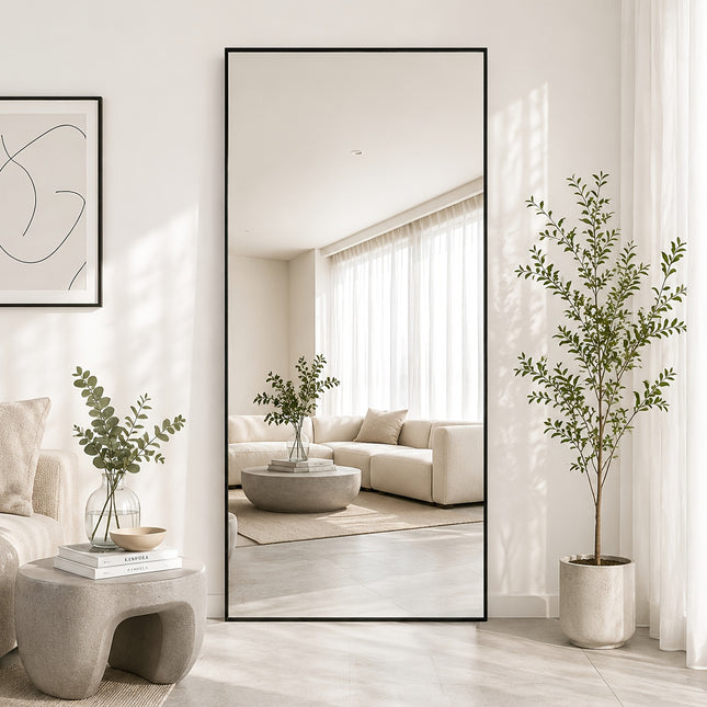 Grote zwarte staande passpiegel 172 x 78 cm met rechthoekig aluminium frame en gehard glas, vloerspiegel voor slaapkamer of woonkamer