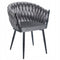 Drie luxe fluwelen eetkamerstoelen met armleuningen in beige, donkergroen en grijs, met gevlochten kuiprugleuning en zwarte metalen poten – Model G.
