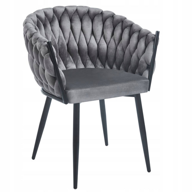Drie luxe fluwelen eetkamerstoelen met armleuningen in beige, donkergroen en grijs, met gevlochten kuiprugleuning en zwarte metalen poten – Model G.