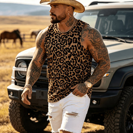 Nieuwe Lente/Zomercollectie: Modieuze en Ademende Sportieve Slim Fit Top voor Heren met Ronde Hals, Veelzijdig en Trendy met een Eenvoudige Luipaardprint