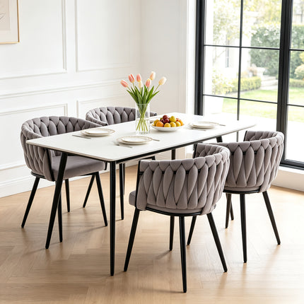 Set van 2 Luxe Eetkamerstoelen  – Fluweel met Geweven Rugleuning en Armleuningen – Ergonomische Stoelen met Zwarte Metalen Poten – Modern Design