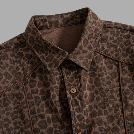 Heren Vintage Donker Patroon Amerikaanse Stijl Drop Shoulder Luipaardprint Lange Mouw Shirt Heren Herfst Lazy Style Blouse