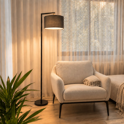Moderne Staande Lamp Zwart met Beige Stoffen Lampenkap 166 cm Hoog – Vloerlamp voor Woonkamer en Slaapkamer
