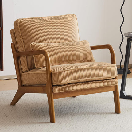 Retro Fauteuil Armstoel Beige Groen Blauw Ribstof – Houten Frame – Mid-Century Design Loungestoel