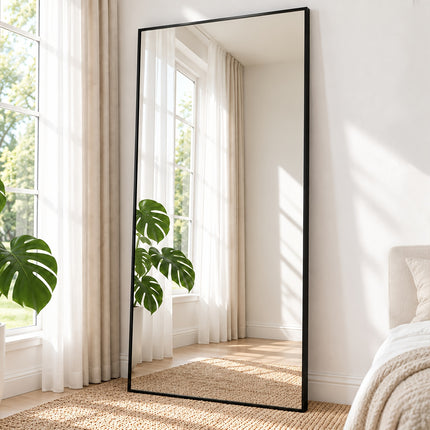 Grote zwarte staande passpiegel 172 x 78 cm met rechthoekig aluminium frame en gehard glas, vloerspiegel voor slaapkamer of woonkamer