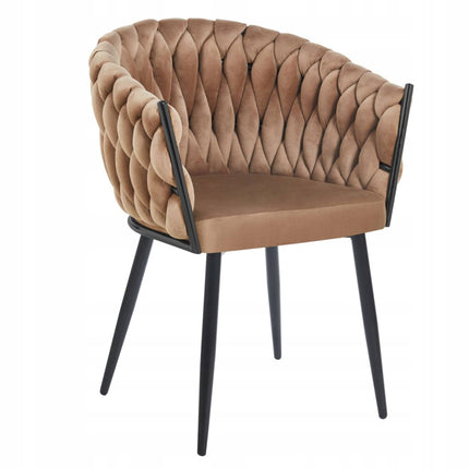Drie luxe fluwelen eetkamerstoelen met armleuningen in beige, donkergroen en grijs, met gevlochten kuiprugleuning en zwarte metalen poten – Model G.