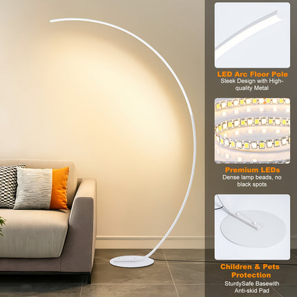 Zwarte moderne LED booglamp van 165 cm met slank gebogen metalen frame, ronde voet en geïntegreerde verlichting, dimbare staande vloerlamp voor woonkamer en slaapkamer.
