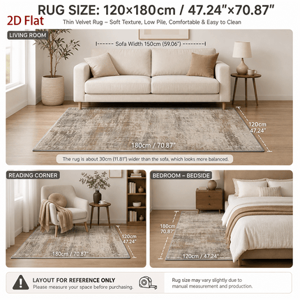 1 stuks Velvet 850G/㎡ 2D Plat Groot Formaat Tapijt, Retro Distressed Abstract Kunst Patroon Tapijt, Bruin Grijs Beige Kleur, Machinewasbaar, Anti-Slip Achterkant, Zacht En Comfortabel, Lichtgewicht En Duurzaam