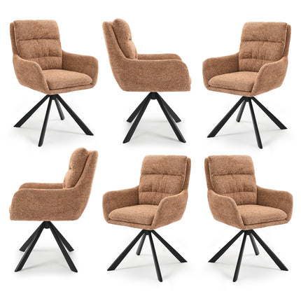 Zes draaibare eetkamerstoelen met armleuningen, gestoffeerde zitting, hoge rugleuning en zwarte metalen poten in licht taupe, donkerbruin, crèmewit, antracietgrijs, zandbeige en cognac.