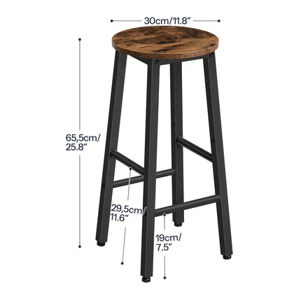 Set van 2 industriële barkrukken 70 cm hoog met ronde retrobruine houtlook zitting, zwart metalen frame en geïntegreerde voetensteun