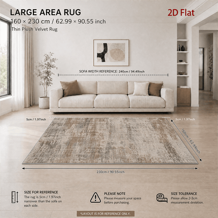 1 stuks Velvet 850G/㎡ 2D Plat Groot Formaat Tapijt, Retro Distressed Abstract Kunst Patroon Tapijt, Bruin Grijs Beige Kleur, Machinewasbaar, Anti-Slip Achterkant, Zacht En Comfortabel, Lichtgewicht En Duurzaam
