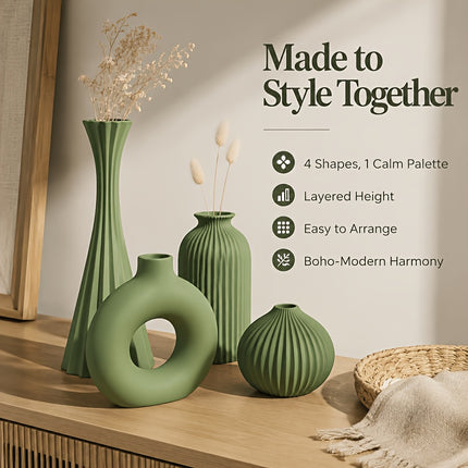 4 stuks Olijfgroene Kunst 3D Geprinte Vaas, Geometrisch Hol Verticale Streep Onbreekbaar Bloemvormig Vaas, Huis Desktop Decoratie Ornament