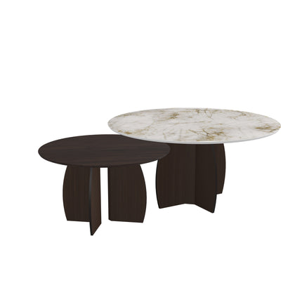 Keramik/Eiche-Duo-Couchtisch Walnut Brown - Rund - Mond-Gestell