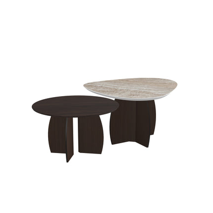 Keramik/Eiche-Duo-Couchtisch - Tropfenform - Mondgestell
