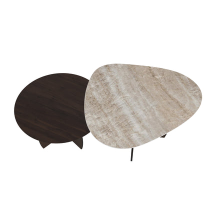 Keramik/Eiche-Duo-Couchtisch - Tropfenform - Mondgestell