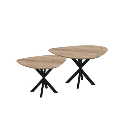 Duo-Couchtisch aus massiver Eiche, Natur - Tropfenform - Kreuzgestell
