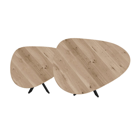 Duo-Couchtisch aus massiver Eiche, Natur - Tropfenform - Kreuzgestell