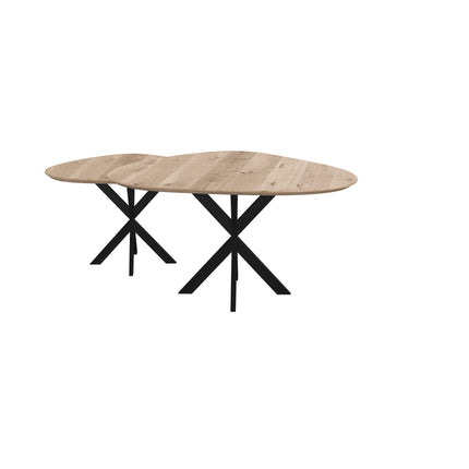 Duo-Couchtisch aus massiver Eiche, Natur - Tropfenform - Kreuzgestell