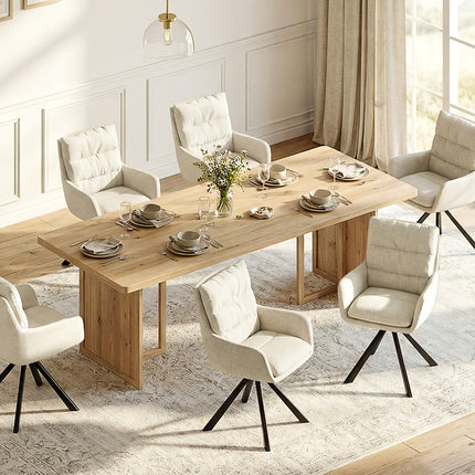 Zes draaibare eetkamerstoelen met armleuningen, gestoffeerde zitting, hoge rugleuning en zwarte metalen poten in licht taupe, donkerbruin, crèmewit, antracietgrijs, zandbeige en cognac.