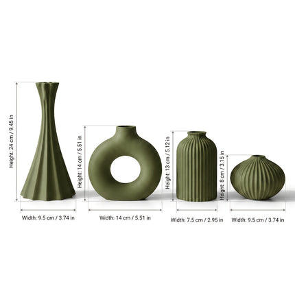 4 stuks Olijfgroene Kunst 3D Geprinte Vaas, Geometrisch Hol Verticale Streep Onbreekbaar Bloemvormig Vaas, Huis Desktop Decoratie Ornament
