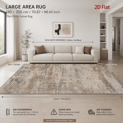 1 stuks Velvet 850G/㎡ 2D Plat Groot Formaat Tapijt, Retro Distressed Abstract Kunst Patroon Tapijt, Bruin Grijs Beige Kleur, Machinewasbaar, Anti-Slip Achterkant, Zacht En Comfortabel, Lichtgewicht En Duurzaam