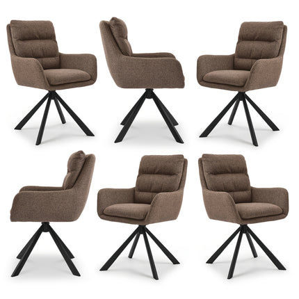 Zes draaibare eetkamerstoelen met armleuningen, gestoffeerde zitting, hoge rugleuning en zwarte metalen poten in licht taupe, donkerbruin, crèmewit, antracietgrijs, zandbeige en cognac.