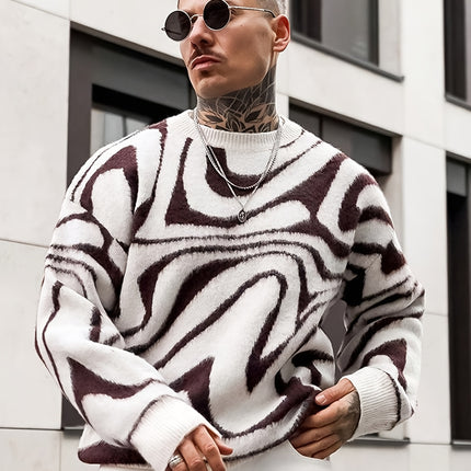 JANE DRESSINGLOG Herentrui met Abstracte Wervelprint - Gebreide Trui met Ruime Pasvorm Geschikt voor Herfst/Winter, Casual Pullover met Ronde Hals, Losgebreide Trui, Nachtclub- & Date-outfits, Herfst/Winter Gebreide Trui voor Heren