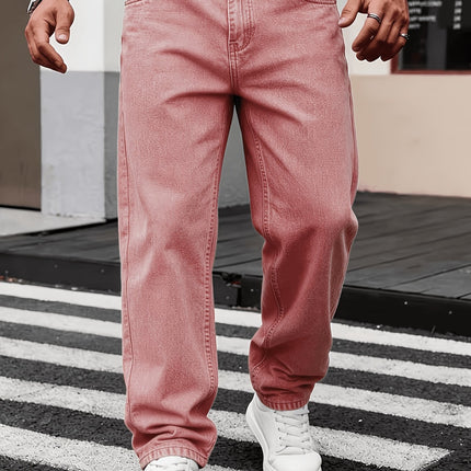 Heren Casual Losvallende Jeans met Rechte Pijpen, Modieuze Straatstijl Lichtroze Denim, Normale Lengte, Comfort voor Alle Seizoenen, Vrijetijdskleding