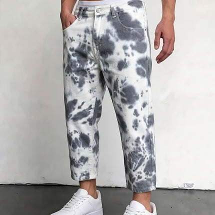 Heren Jeans met Tie-Dye Print, Gewone Cropped Jeans, Casual Veelzijdige Jeans met Zakken