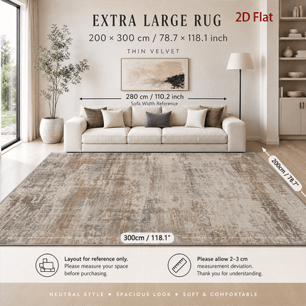 1 stuks Velvet 850G/㎡ 2D Plat Groot Formaat Tapijt, Retro Distressed Abstract Kunst Patroon Tapijt, Bruin Grijs Beige Kleur, Machinewasbaar, Anti-Slip Achterkant, Zacht En Comfortabel, Lichtgewicht En Duurzaam