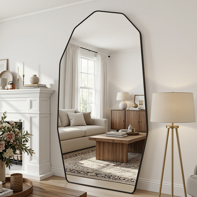 Grote organische passpiegel 200 x 92 cm met zwart aluminium frame, asymmetrische vorm en gehard spiegelglas, moderne volledige lengte spiegel.