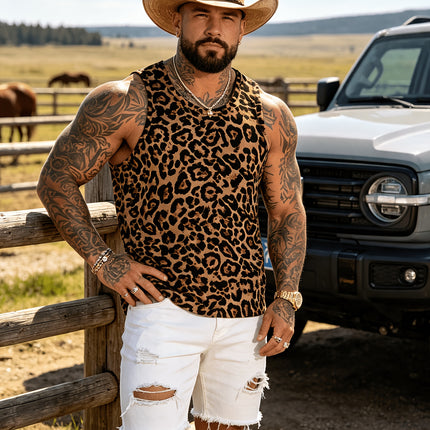 Nieuwe Lente/Zomercollectie: Modieuze en Ademende Sportieve Slim Fit Top voor Heren met Ronde Hals, Veelzijdig en Trendy met een Eenvoudige Luipaardprint