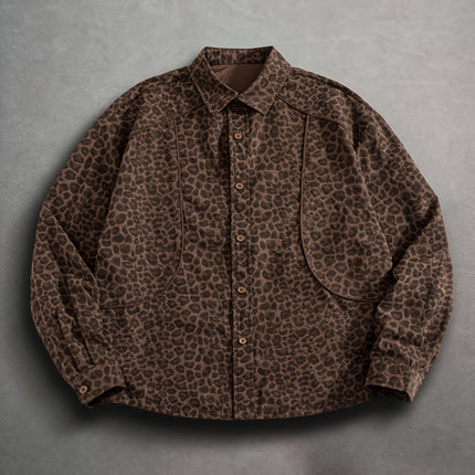 Heren Vintage Donker Patroon Amerikaanse Stijl Drop Shoulder Luipaardprint Lange Mouw Shirt Heren Herfst Lazy Style Blouse
