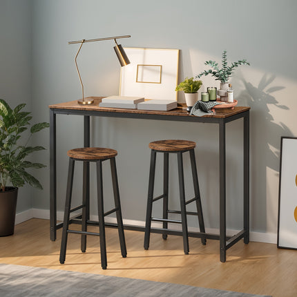 Set van 2 industriële barkrukken 70 cm hoog met ronde retrobruine houtlook zitting, zwart metalen frame en geïntegreerde voetensteun