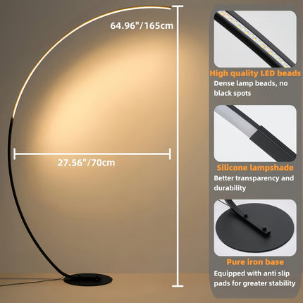 Zwarte moderne LED booglamp van 165 cm met slank gebogen metalen frame, ronde voet en geïntegreerde verlichting, dimbare staande vloerlamp voor woonkamer en slaapkamer.