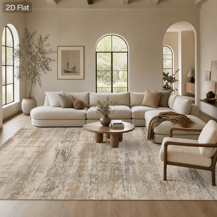 1 stuks Velvet 850G/㎡ 2D Plat Groot Formaat Tapijt, Retro Distressed Abstract Kunst Patroon Tapijt, Bruin Grijs Beige Kleur, Machinewasbaar, Anti-Slip Achterkant, Zacht En Comfortabel, Lichtgewicht En Duurzaam