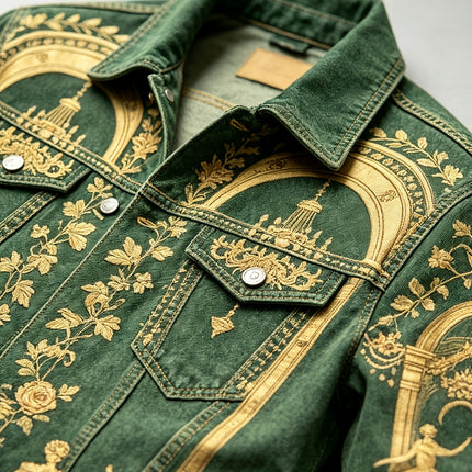 Herenjas in Vintage Court-stijl met donkergroene digitale print en omslagkraag, Casual kleding voor alle seizoenen, Perfect voor dagelijks woon-werkverkeer op straat en feestelijke gelegenheden