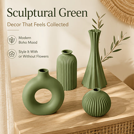 4 stuks Olijfgroene Kunst 3D Geprinte Vaas, Geometrisch Hol Verticale Streep Onbreekbaar Bloemvormig Vaas, Huis Desktop Decoratie Ornament
