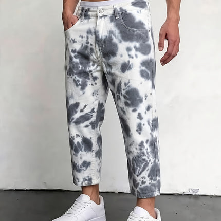 Heren Jeans met Tie-Dye Print, Gewone Cropped Jeans, Casual Veelzijdige Jeans met Zakken
