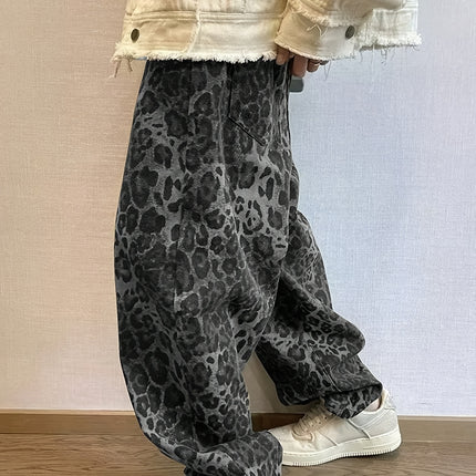 Trendy Amerikaanse Street Cool Luipaardprint Heren Jeans All-Season Nieuwe Vintage Losse Drape Versatile Wide-Leg Broek