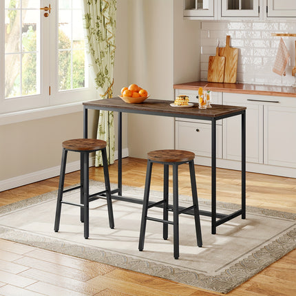 Set van 2 industriële barkrukken 70 cm hoog met ronde retrobruine houtlook zitting, zwart metalen frame en geïntegreerde voetensteun