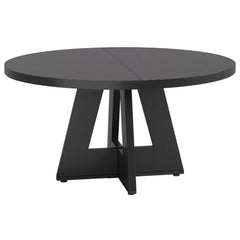 Ronde eettafel 120 cm met walnoot houtlook, rond houten tafelblad en modern geometrisch onderstel, vooraanzicht op witte achtergrond.