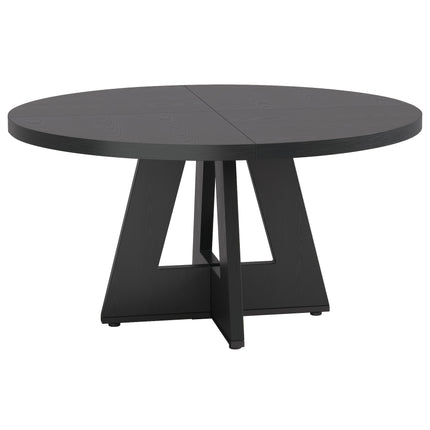 Ronde eettafel 120 cm met walnoot houtlook, rond houten tafelblad en modern geometrisch onderstel, vooraanzicht op witte achtergrond.