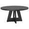 Ronde eettafel 120 cm met walnoot houtlook, rond houten tafelblad en modern geometrisch onderstel, vooraanzicht op witte achtergrond.