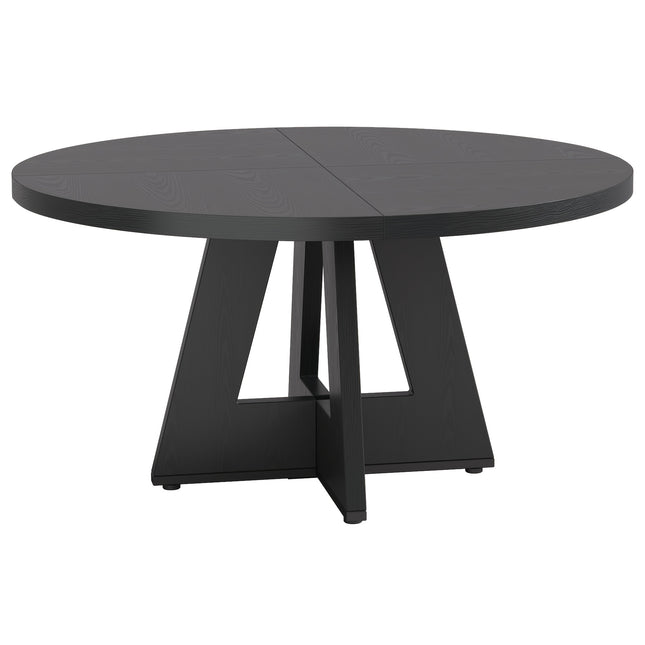 Ronde eettafel 120 cm met walnoot houtlook, rond houten tafelblad en modern geometrisch onderstel, vooraanzicht op witte achtergrond.