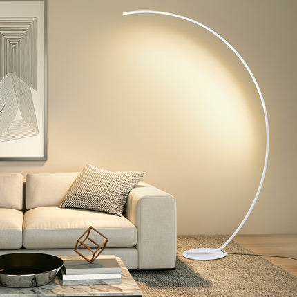 Zwarte moderne LED booglamp van 165 cm met slank gebogen metalen frame, ronde voet en geïntegreerde verlichting, dimbare staande vloerlamp voor woonkamer en slaapkamer.