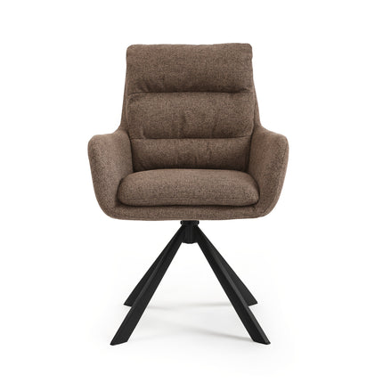 Zes draaibare eetkamerstoelen met armleuningen, gestoffeerde zitting, hoge rugleuning en zwarte metalen poten in licht taupe, donkerbruin, crèmewit, antracietgrijs, zandbeige en cognac.